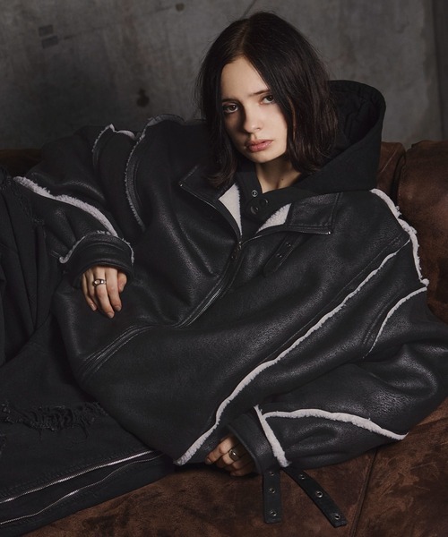 ERAR】ダブルベルトデザインクラッシュ加工裏ボアフェイクムートン