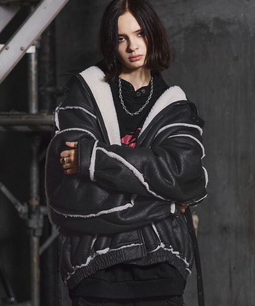 ERAR】ダブルベルトデザインクラッシュ加工裏ボアフェイクムートン