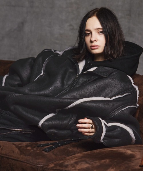 ERAR】ダブルベルトデザインクラッシュ加工裏ボアフェイクムートン