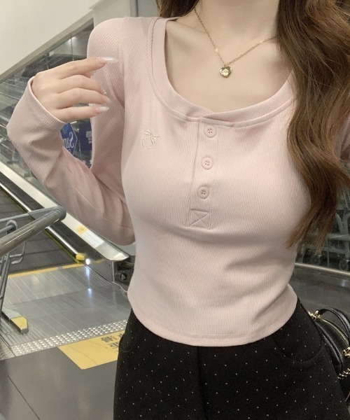 Teem Store(チームストア)の「リボン刺繍ワンポイントヘンリーネックロンT(Tシャツ/カットソー・レディース・ピンク/サックスブルー/グレー・M/L)」の14枚目の写真