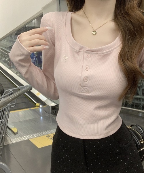 Teem Store(チームストア)の「リボン刺繍ワンポイントヘンリーネックロンT(Tシャツ/カットソー・レディース・ピンク/サックスブルー/グレー・M/L)」の17枚目の写真