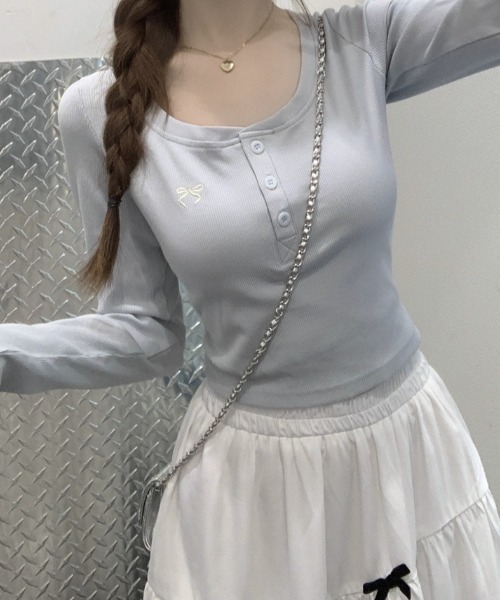 Teem Store(チームストア)の「リボン刺繍ワンポイントヘンリーネックロンT(Tシャツ/カットソー・レディース・ピンク/サックスブルー/グレー・M/L)」の13枚目の写真