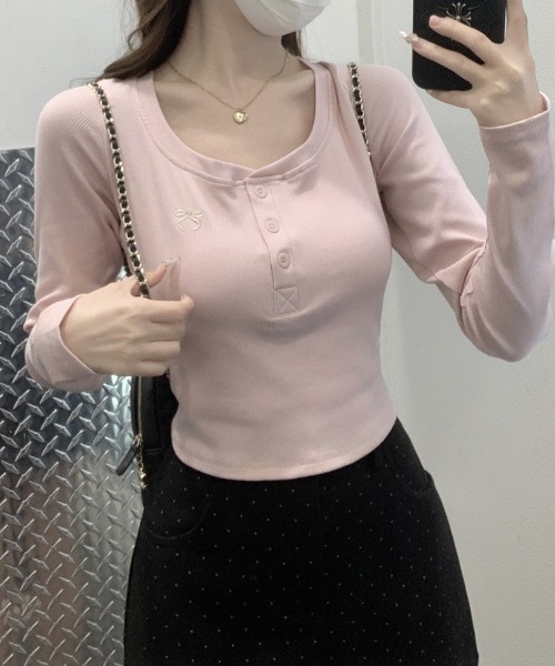 Teem Store(チームストア)の「リボン刺繍ワンポイントヘンリーネックロンT(Tシャツ/カットソー・レディース・ピンク/サックスブルー/グレー・M/L)」の8枚目の写真