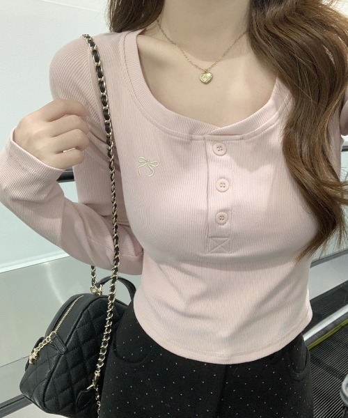 Teem Store(チームストア)の「リボン刺繍ワンポイントヘンリーネックロンT(Tシャツ/カットソー・レディース・ピンク/サックスブルー/グレー・M/L)」の5枚目の写真
