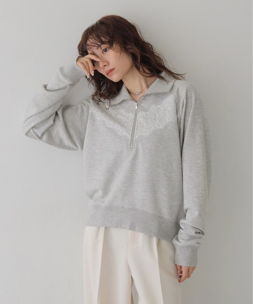 セール】【CLEIO】リバーレースハーフジップ裏毛スウェット REVER LACE