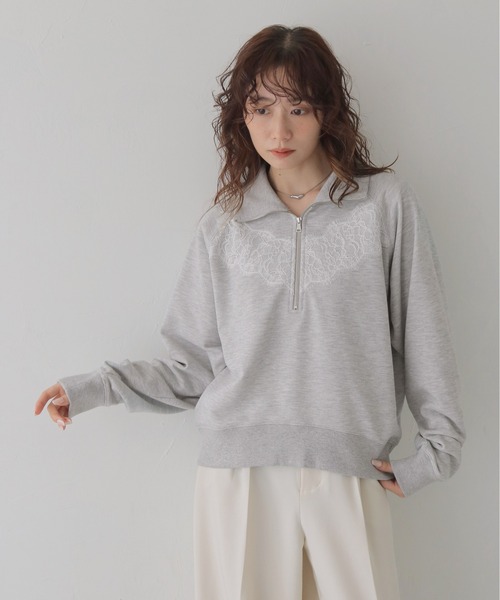 CLEIO（クレイオ）の「【CLEIO】リバーレースハーフジップ裏毛スウェット REVER LACE HALF-ZIP FRENCH TERRY SWEATSHIRT/980-14609（スウェット・レディース・杢グレー/チャコール・FREE）」の6枚目の写真
