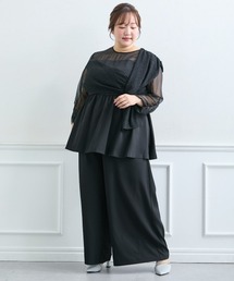 カットジャガード使いアシメデザインブラウスパンツセット
