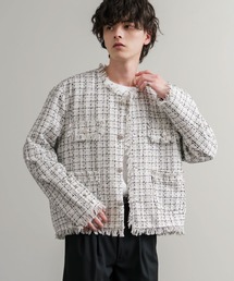 ツイード　ホワイト ノーカラージャケット フリンジ仕上げ　新品タグ付き セール】 フリンジツイードジャケット （ノーカラージャケット