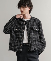 Rocky Monroe(ロッキーモンロー)のツイードカットオフフリンジシルバーボタンショート丈ノーカラージャケット(ノーカラージャケット)
