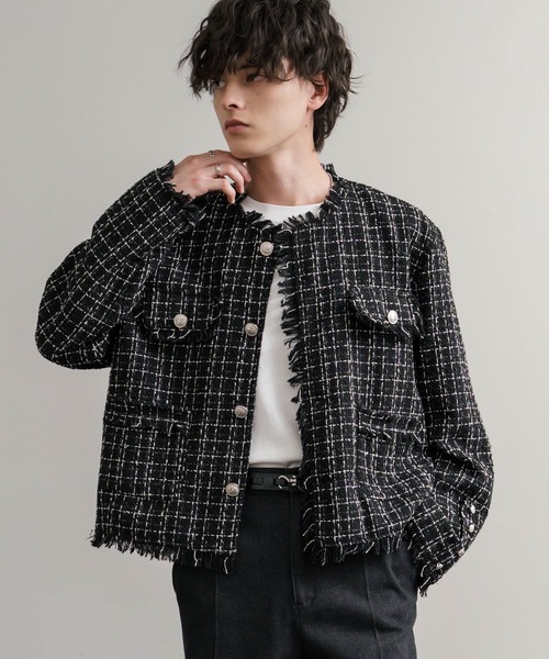 ツイードカットオフフリンジシルバーボタンショート丈ノーカラー