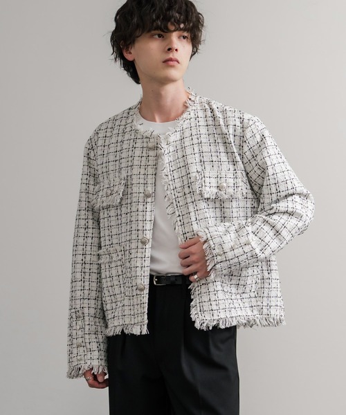 Rocky Monroe(ロッキーモンロー)の「ツイードカットオフフリンジシルバーボタンショート丈ノーカラージャケット(ノーカラージャケット・メンズ・ブラック/ホワイト・M/L)」の4枚目の写真