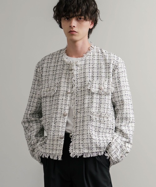 Rocky Monroe(ロッキーモンロー)の「ツイードカットオフフリンジシルバーボタンショート丈ノーカラージャケット(ノーカラージャケット・メンズ・ブラック/ホワイト・M/L)」の5枚目の写真