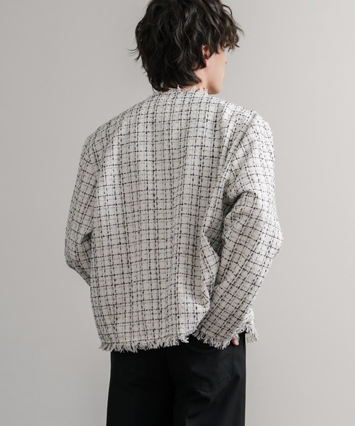 ツイードカットオフフリンジシルバーボタンショート丈ノーカラー