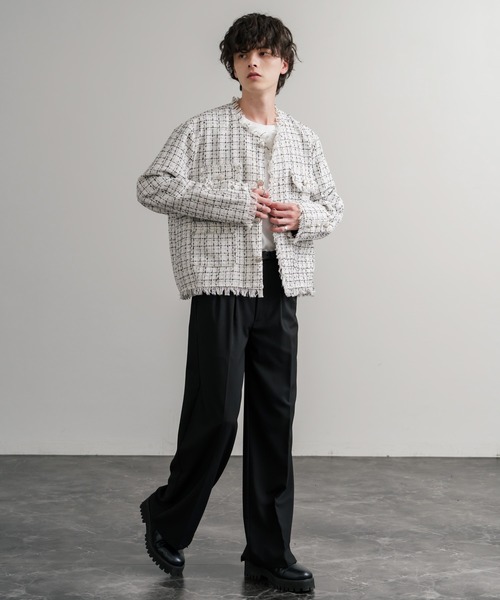 ツイードカットオフフリンジシルバーボタンショート丈ノーカラー