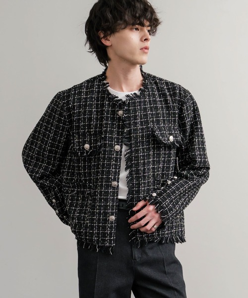 9万✨美品 フォクシー Trauaille ショートジャケット ノーカラー 40 ツイードカットオフフリンジシルバーボタンショート丈ノーカラー