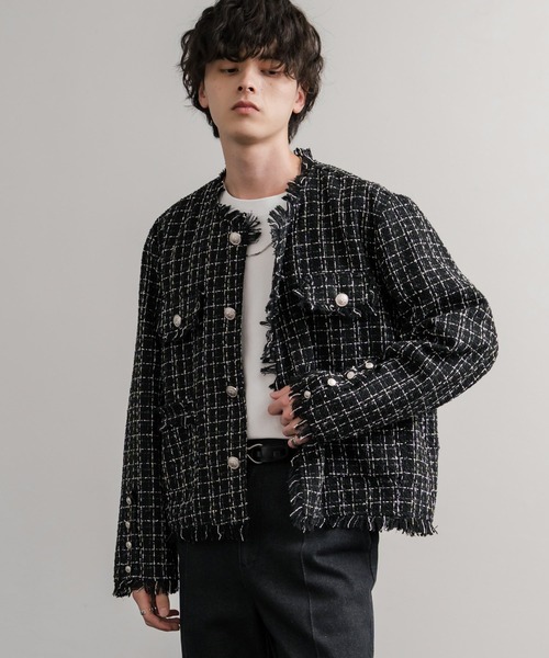 Rocky Monroe(ロッキーモンロー)の「ツイードカットオフフリンジシルバーボタンショート丈ノーカラージャケット(ノーカラージャケット・メンズ・ブラック/ホワイト・M/L)」の11枚目の写真