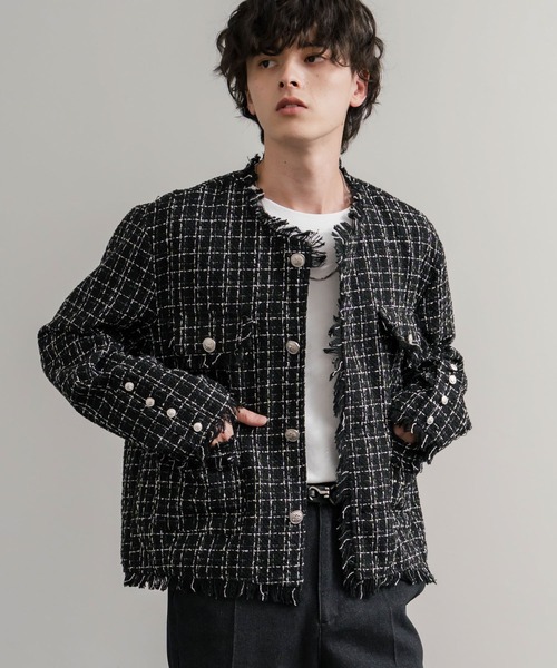 Rocky Monroe(ロッキーモンロー)の「ツイードカットオフフリンジシルバーボタンショート丈ノーカラージャケット(ノーカラージャケット・メンズ・ブラック/ホワイト・M/L)」の12枚目の写真
