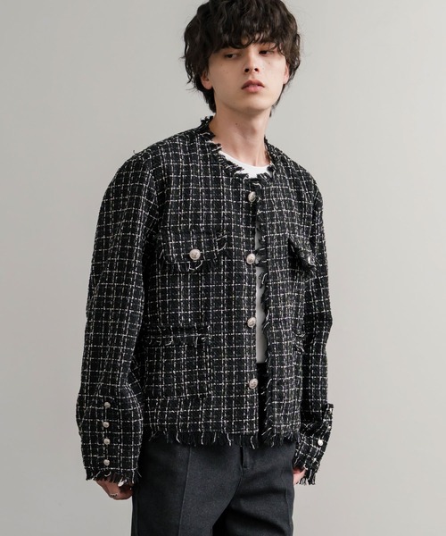 Rocky Monroe(ロッキーモンロー)の「ツイードカットオフフリンジシルバーボタンショート丈ノーカラージャケット(ノーカラージャケット・メンズ・ブラック/ホワイト・M/L)」の13枚目の写真