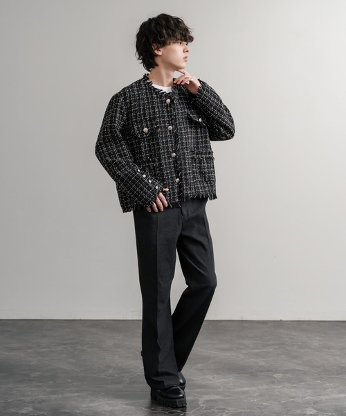 Rocky Monroe(ロッキーモンロー)の「ツイードカットオフフリンジシルバーボタンショート丈ノーカラージャケット(ノーカラージャケット・メンズ・ブラック/ホワイト・M/L)」の14枚目の写真
