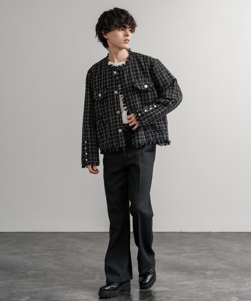 セール】ツイードカットオフフリンジシルバーボタンショート丈ノー