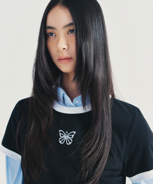 NICK&NICOLE(ニックアンドニコール)の「BUTTERFLY CONTRAST RINGER TOP_BLACK WHITE(Tシャツ/カットソー・レディース・ブラック×ホワイト・FREE)」の2枚目の写真