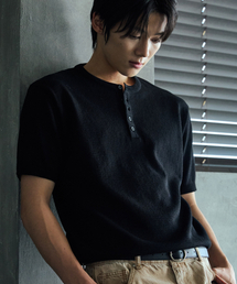 NODU（ノードユー）の「プレーンヘンリーネック半袖ニット[黒]（ニット/セーター）」