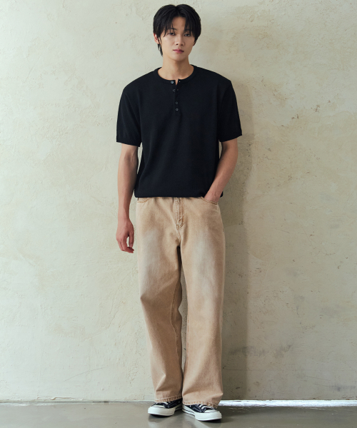 NODU（ノードユー）の「プレーンヘンリーネック半袖ニット[黒]（ニット/セーター・メンズ・その他・MEDIUM/LARGE）」の2枚目の写真