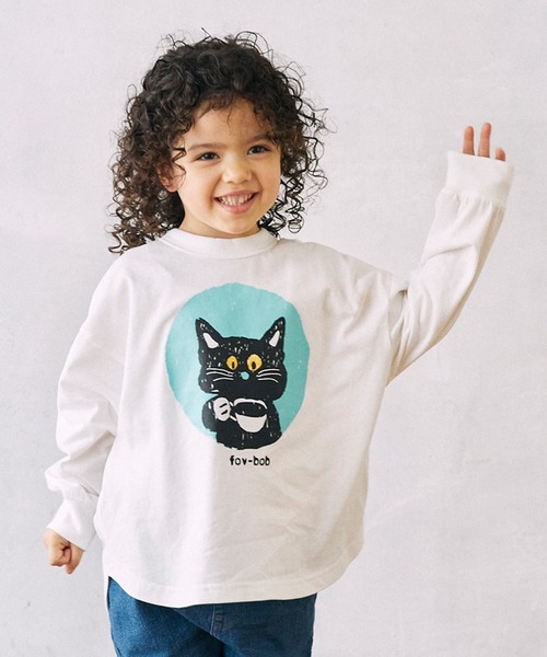 FOV(フォブ)の「フォブ F/B CAT L/S Tシャツ(Tシャツ/カットソー・キッズ・チャコールグレー/ベージュ系その他/ホワイト・100cm/110cm/120cm/130cm/90cm)」の1枚目の写真