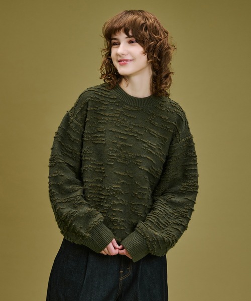 WETTEMPT(ウィテンプト)の「LOOPED JACQUARD TEXTURE KNIT / ループドジャカードテクスチャーニット(ニット/セーター・メンズ・カーキ/レッド・SMALL/MEDIUM/LARGE)」の4枚目の写真