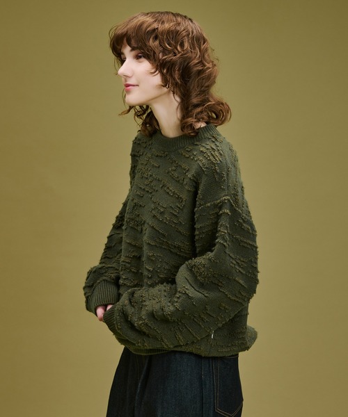 WETTEMPT(ウィテンプト)の「LOOPED JACQUARD TEXTURE KNIT / ループドジャカードテクスチャーニット(ニット/セーター・メンズ・カーキ/レッド・SMALL/MEDIUM/LARGE)」の5枚目の写真