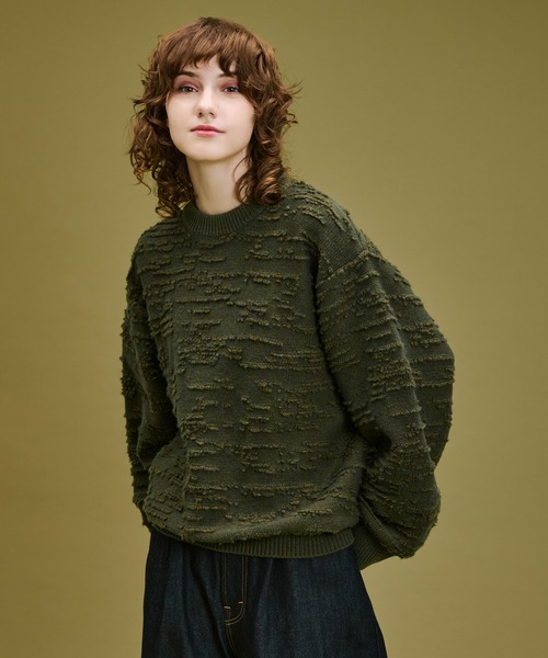 WETTEMPT(ウィテンプト)の「LOOPED JACQUARD TEXTURE KNIT / ループドジャカードテクスチャーニット(ニット/セーター・メンズ・カーキ/レッド・SMALL/MEDIUM/LARGE)」の8枚目の写真