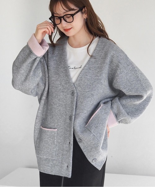 tiptop（ティップトップ）の「Wフェイス配色Vネックカーディガン（カーディガン/ボレロ・レディース・アイボリー/グレー/チャコールグレー/ピンク・FREE）」の4枚目の写真