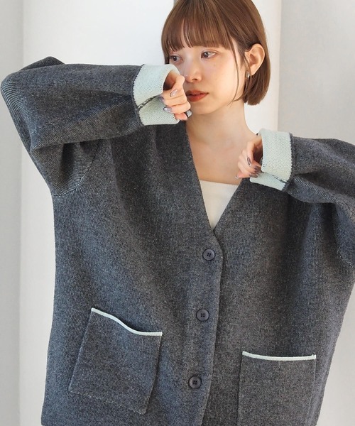 tiptop（ティップトップ）の「Wフェイス配色Vネックカーディガン（カーディガン/ボレロ・レディース・アイボリー/グレー/チャコールグレー/ピンク・FREE）」の3枚目の写真