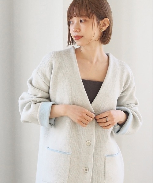 tiptop（ティップトップ）の「Wフェイス配色Vネックカーディガン（カーディガン/ボレロ・レディース・アイボリー/グレー/チャコールグレー/ピンク・FREE）」の8枚目の写真