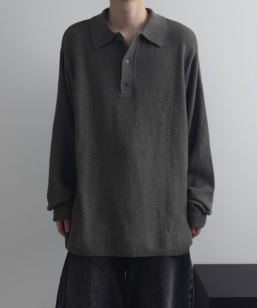 remer(リメール)の「ルーズドライニットポロシャツ(長袖)- loose dual yarn knit polo shirt(ポロシャツ・メンズ・オリーブ/ライトグレー/ブラック・LARGE/MEDIUM/SMALL/X-SMALL)」の3枚目の写真