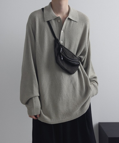 remer(リメール)の「ルーズドライニットポロシャツ(長袖)- loose dual yarn knit polo shirt(ポロシャツ・メンズ・オリーブ/ライトグレー/ブラック・LARGE/MEDIUM/SMALL/X-SMALL)」の2枚目の写真