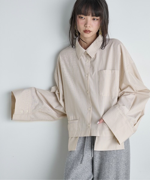 THE YOn(ザヨン)の「ダブルポケットタックスリーブストライプクロップドシャツ(シャツ/ブラウス・レディース・グレー/ウィート/サックスブルー・FREE)」の18枚目の写真
