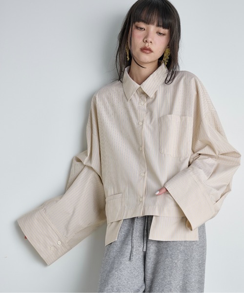 THE YOn(ザヨン)の「ダブルポケットタックスリーブストライプクロップドシャツ(シャツ/ブラウス・レディース・グレー/ウィート/サックスブルー・FREE)」の19枚目の写真