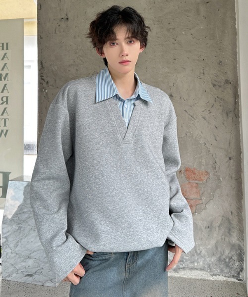 B.R.U（ブル）の「シャツレイヤード見えトップス（スウェット・メンズ・オートミール/ブラック・FREE）」の2枚目の写真