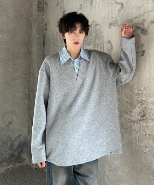 B.R.U（ブル）の「シャツレイヤード見えトップス（スウェット・メンズ・オートミール/ブラック・FREE）」の5枚目の写真