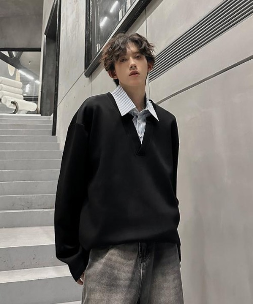 B.R.U（ブル）の「シャツレイヤード見えトップス（スウェット・メンズ・オートミール/ブラック・FREE）」の7枚目の写真