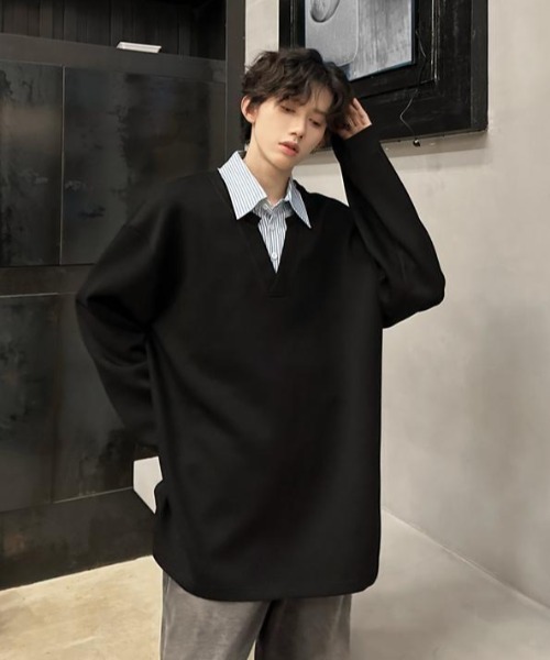 B.R.U（ブル）の「シャツレイヤード見えトップス（スウェット・メンズ・オートミール/ブラック・FREE）」の8枚目の写真