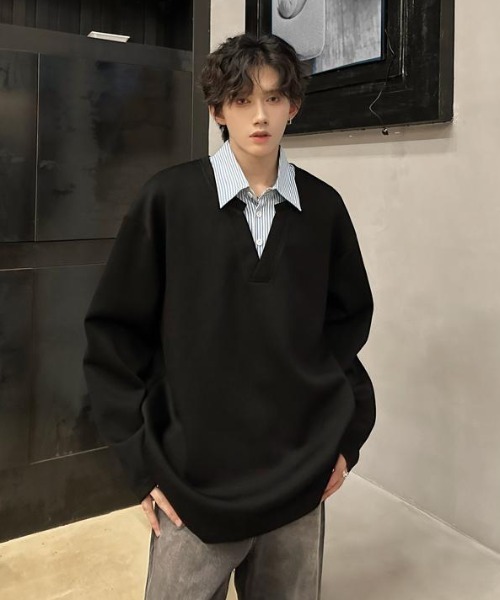 B.R.U（ブル）の「シャツレイヤード見えトップス（スウェット・メンズ・オートミール/ブラック・FREE）」の9枚目の写真