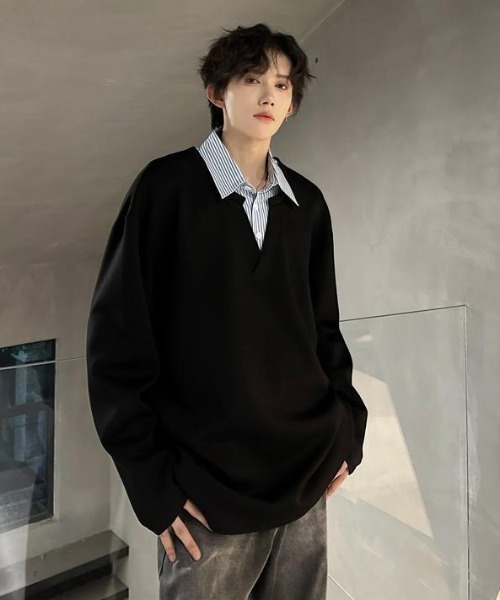 B.R.U（ブル）の「シャツレイヤード見えトップス（スウェット・メンズ・オートミール/ブラック・FREE）」の10枚目の写真