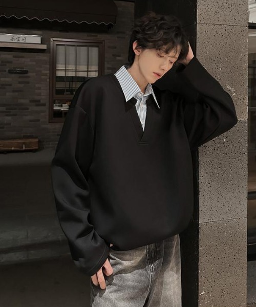 B.R.U（ブル）の「シャツレイヤード見えトップス（スウェット・メンズ・オートミール/ブラック・FREE）」の12枚目の写真