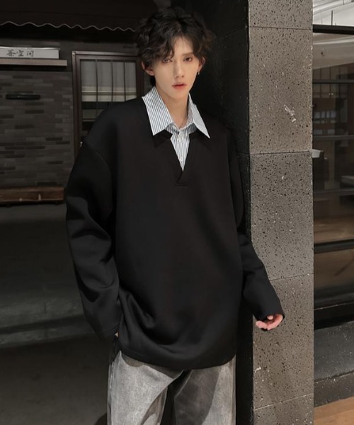 B.R.U（ブル）の「シャツレイヤード見えトップス（スウェット・メンズ・オートミール/ブラック・FREE）」の11枚目の写真