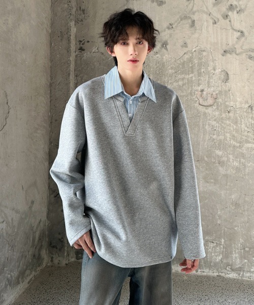 B.R.U（ブル）の「シャツレイヤード見えトップス（スウェット・メンズ・オートミール/ブラック・FREE）」の4枚目の写真