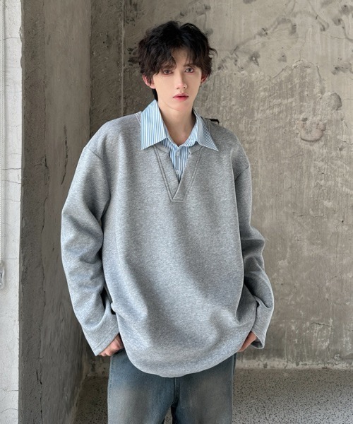 B.R.U（ブル）の「シャツレイヤード見えトップス（スウェット・メンズ・オートミール/ブラック・FREE）」の3枚目の写真