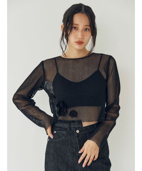 Ungrid(アングリッド)の「モチーフデザインメッシュロングスリーブTee(Tシャツ/カットソー・レディース・ブラック/アイボリー・FREE)」の3枚目の写真