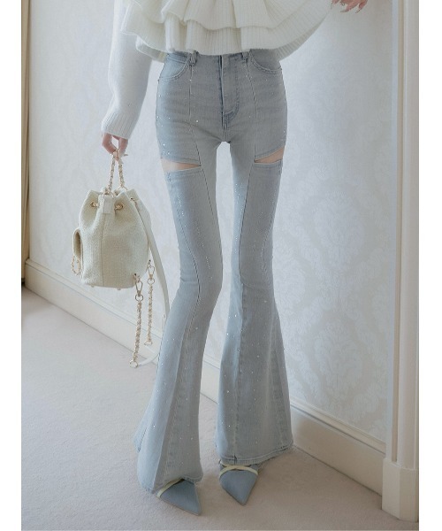 Darich（ダーリッチ）の「ドロップビジューフレアデニムパンツ（デニムパンツ・レディース・インディゴブルー/ホワイト/ライトブルー・M/S/XS）」の7枚目の写真